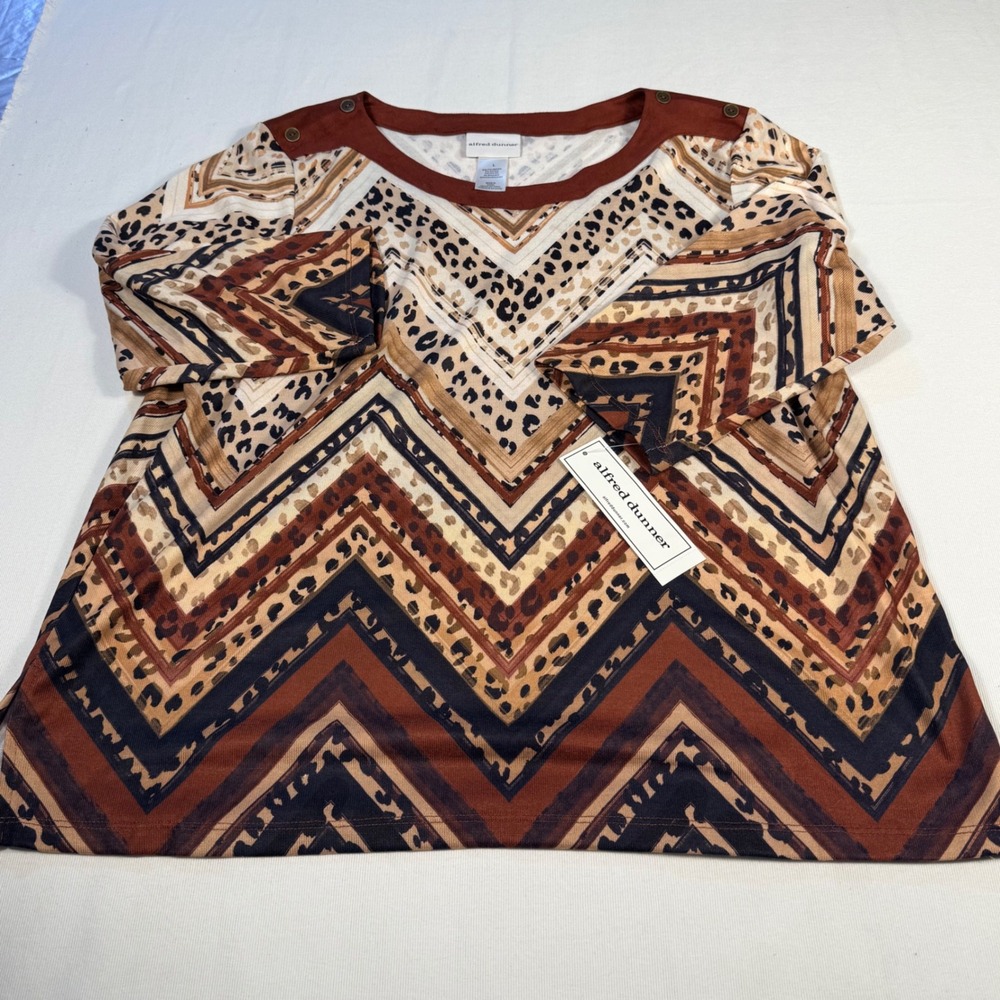 Alfred‎ Dunner Women's L Animal Print Chevron Top Brown White Neutral Brand New